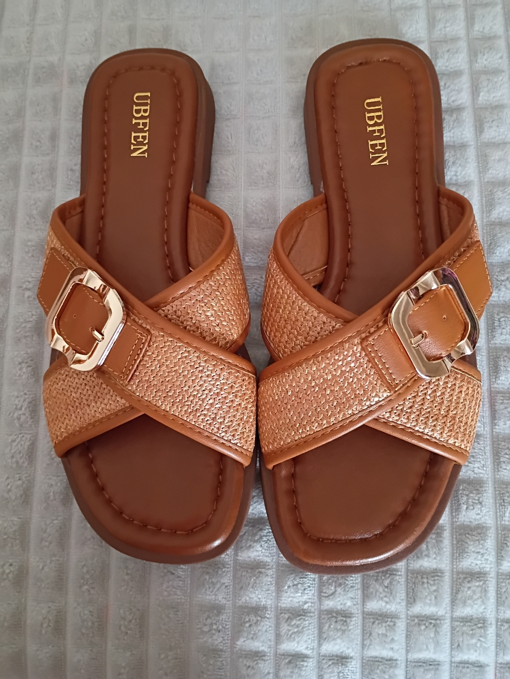 Women's Tan Cross-Strap Slide Sandals with Buckle